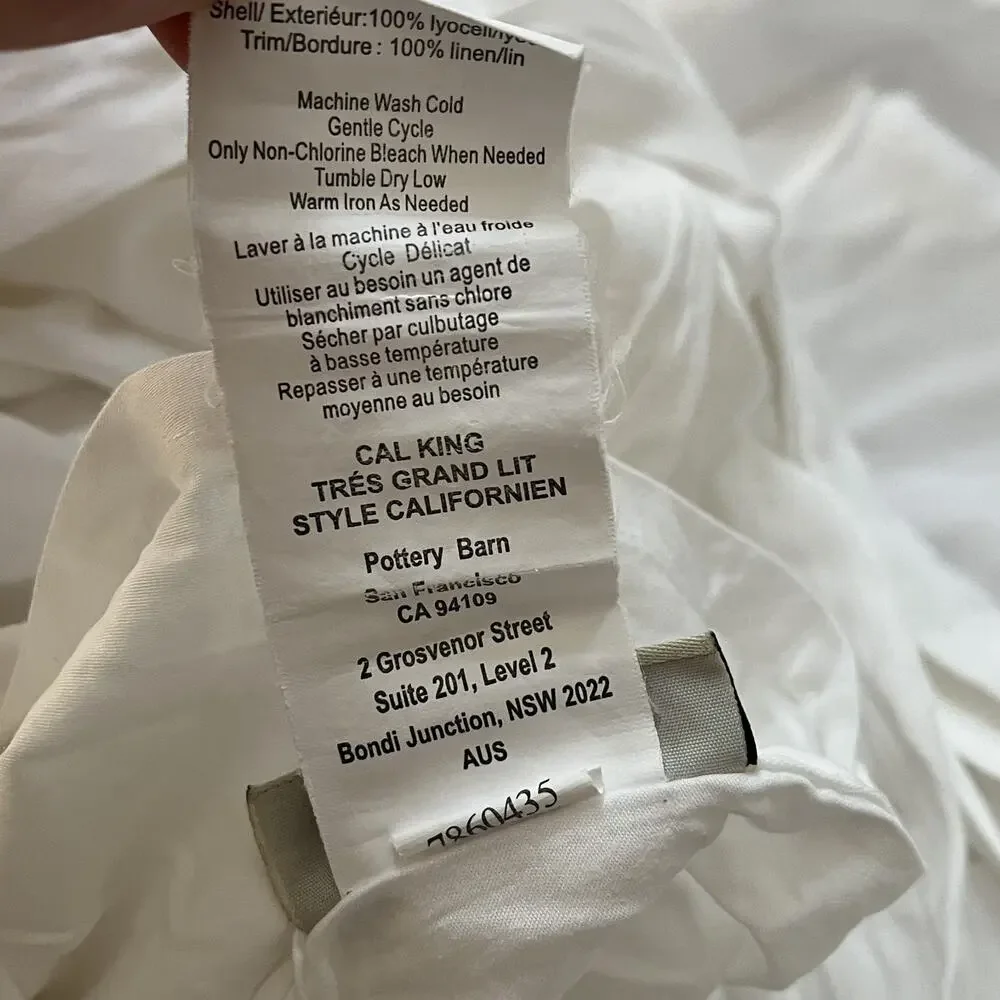 Pottery Barn Cal. King White Duvet Cover Lyocell Linen Button Closure